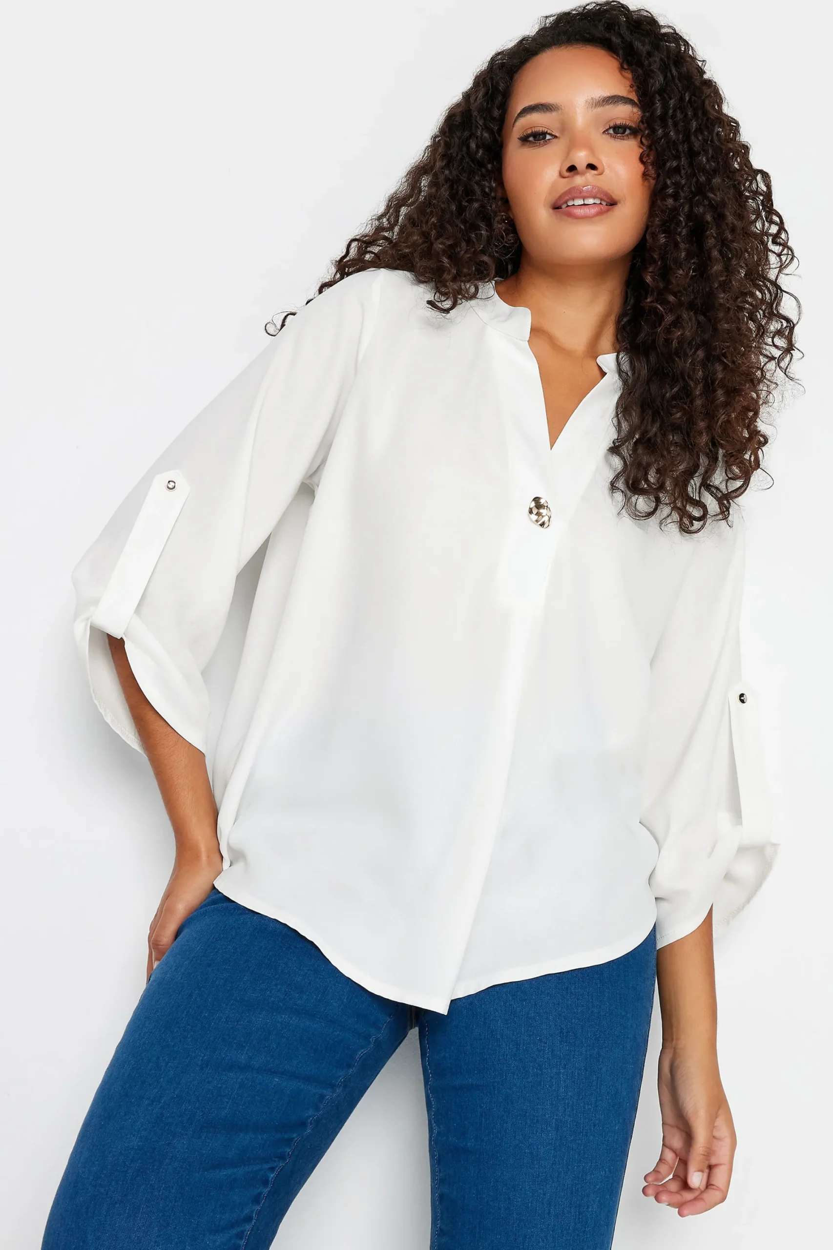 M&Co Womens White Statement Button Tab Sleeve Shirt>Women Shirts