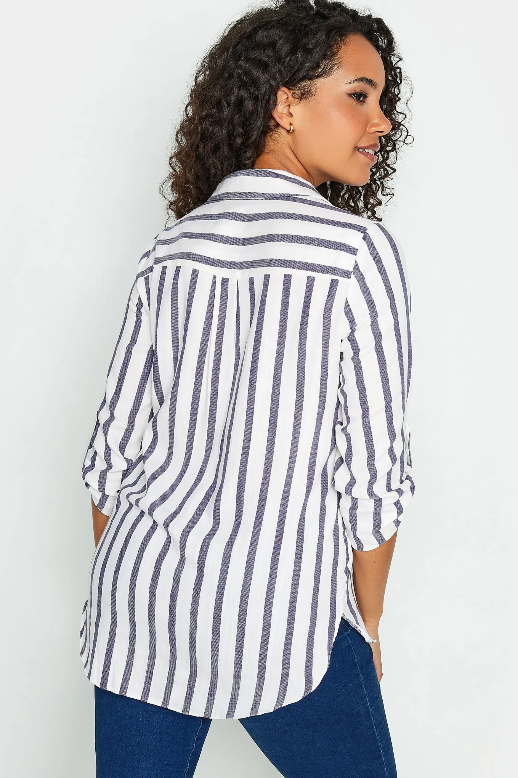 M&Co Womens White Stripe Tab Sleeve Shirt>Women Shirts