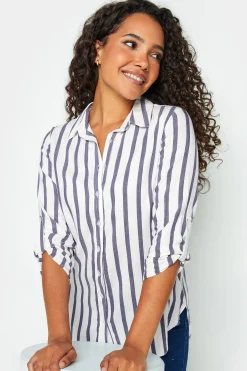 M&Co Womens White Stripe Tab Sleeve Shirt><noscript><img width=