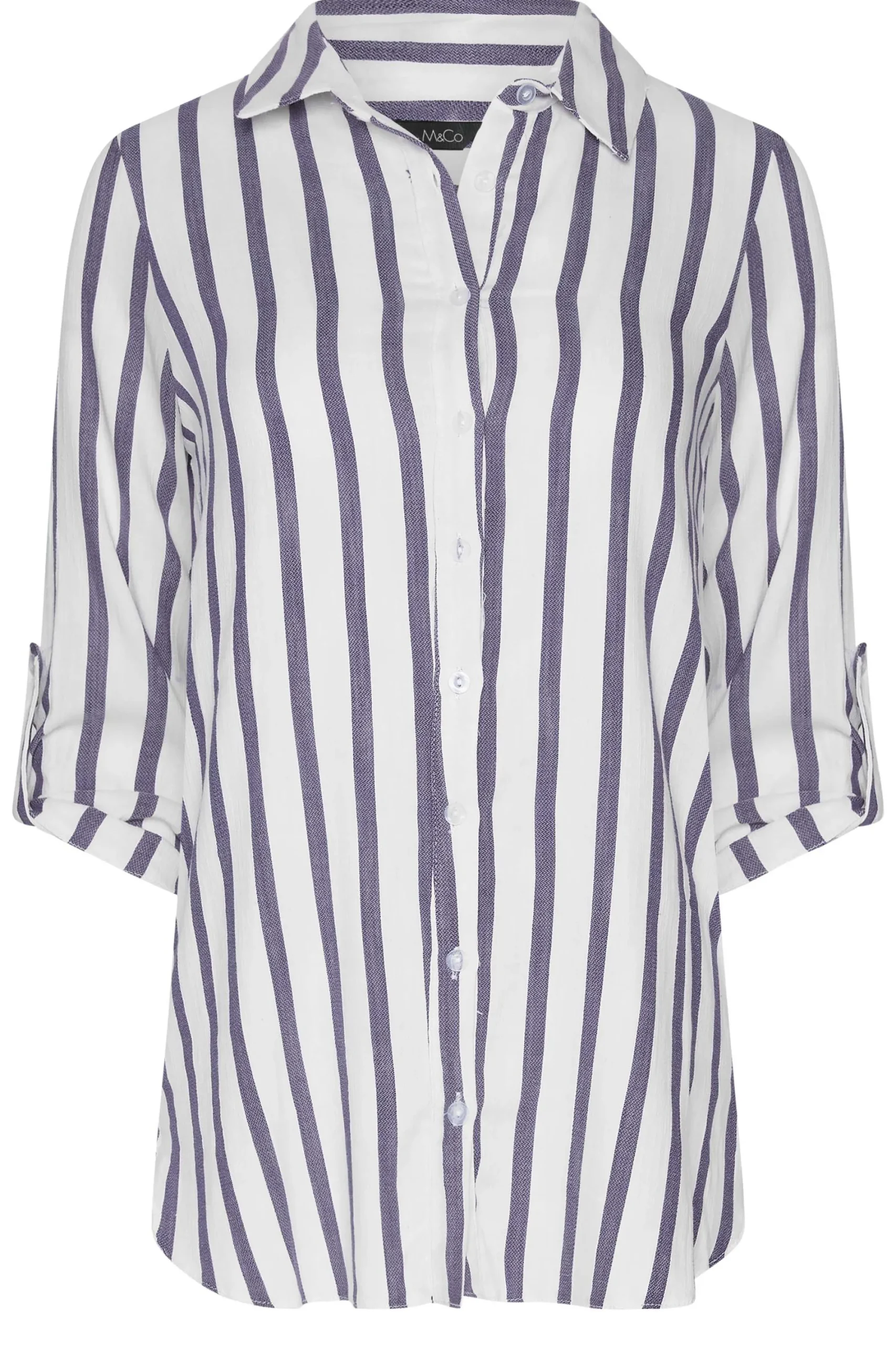 M&Co Womens White Stripe Tab Sleeve Shirt>Women Shirts