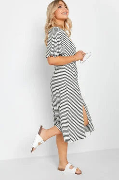 M&Co Womens White Stripe Print Angel Sleeve Split Hem Midi Dress>Women Midi Dresses