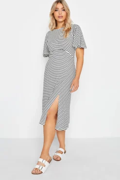 M&Co Womens White Stripe Print Angel Sleeve Split Hem Midi Dress>Women Midi Dresses