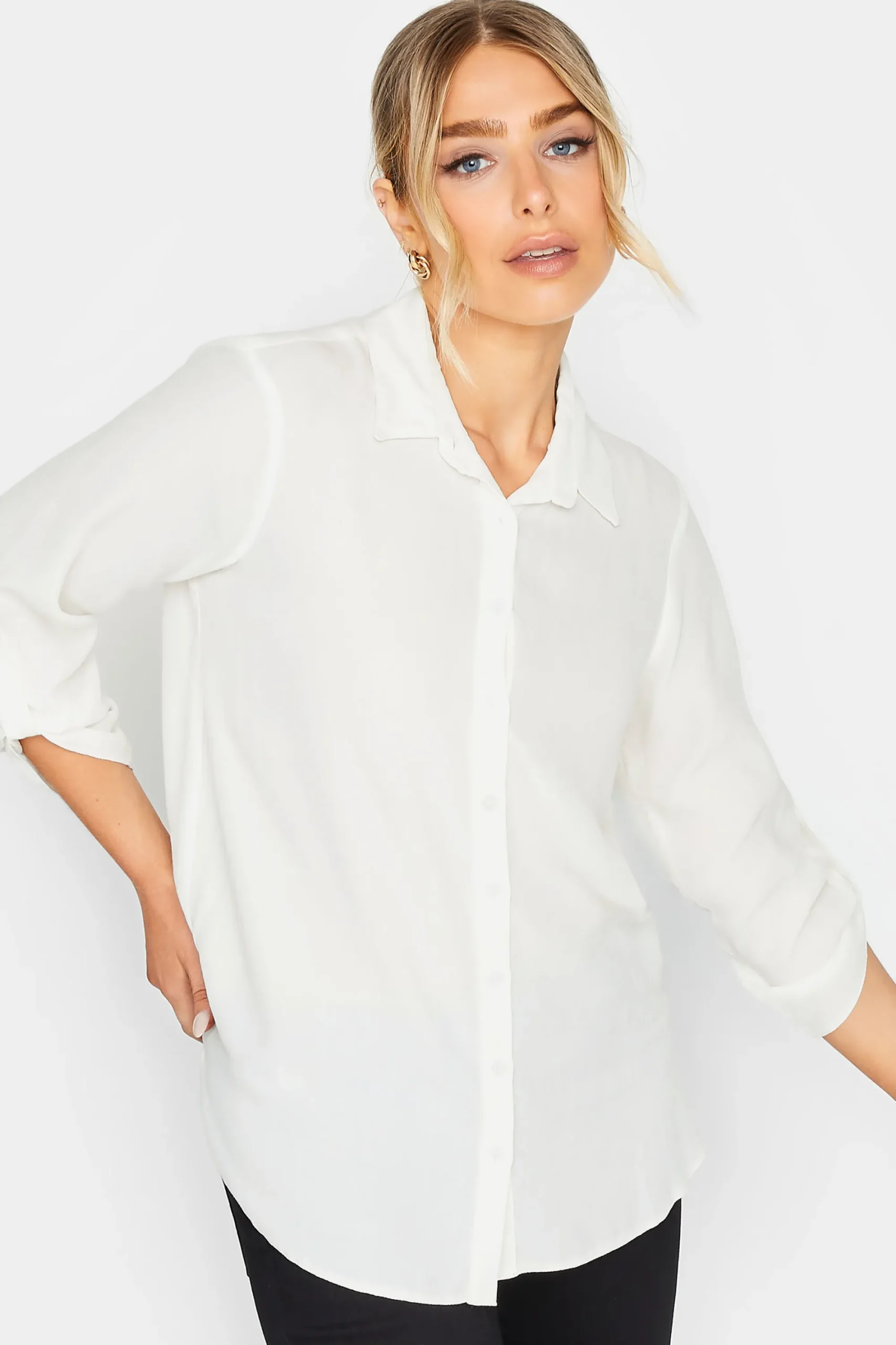 M&Co Womens White Tab Sleeve Shirt>Women Shirts