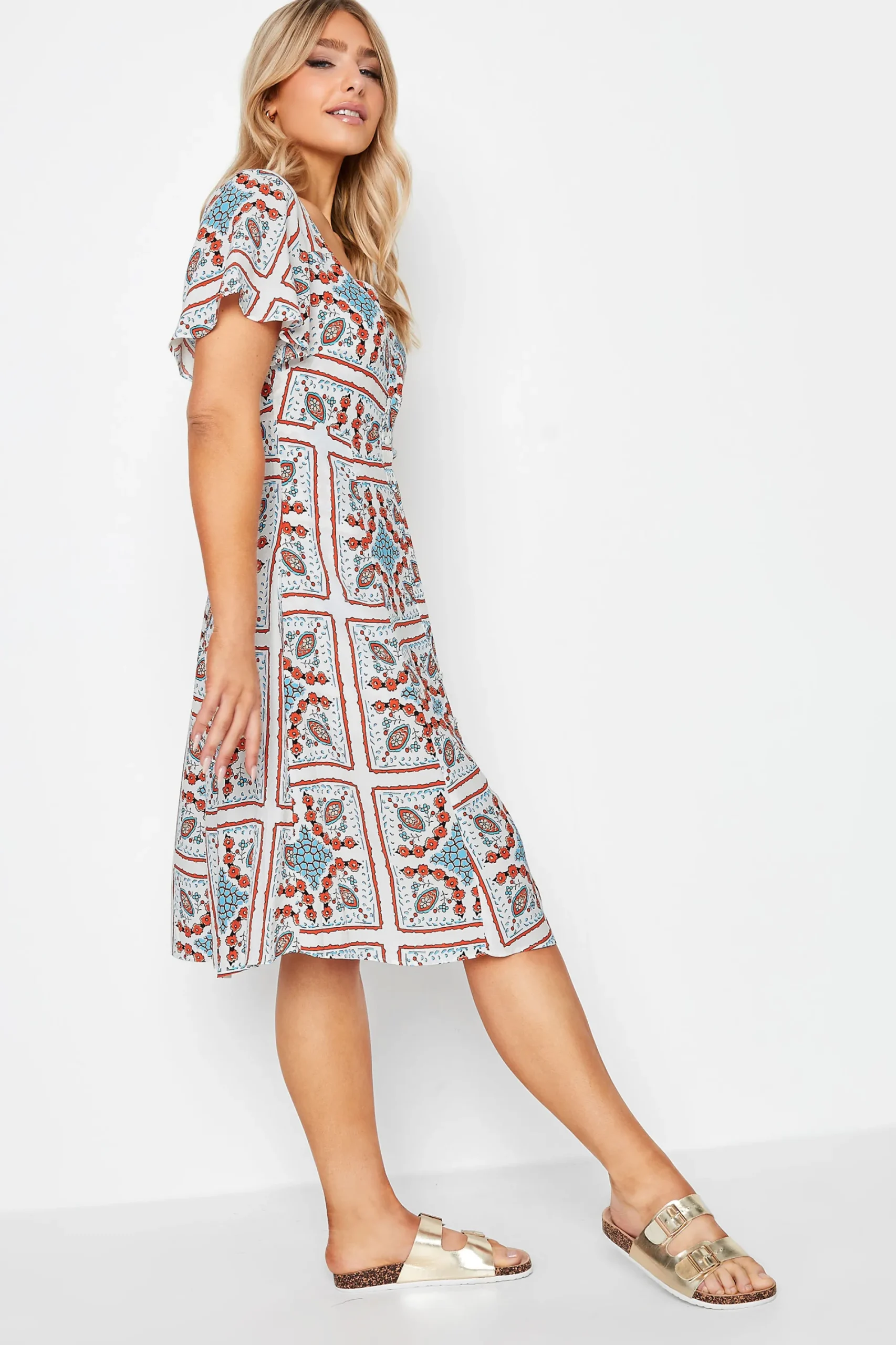 M&Co Womens White Tile Print Button Through Midi Dress>Women Midi Dresses