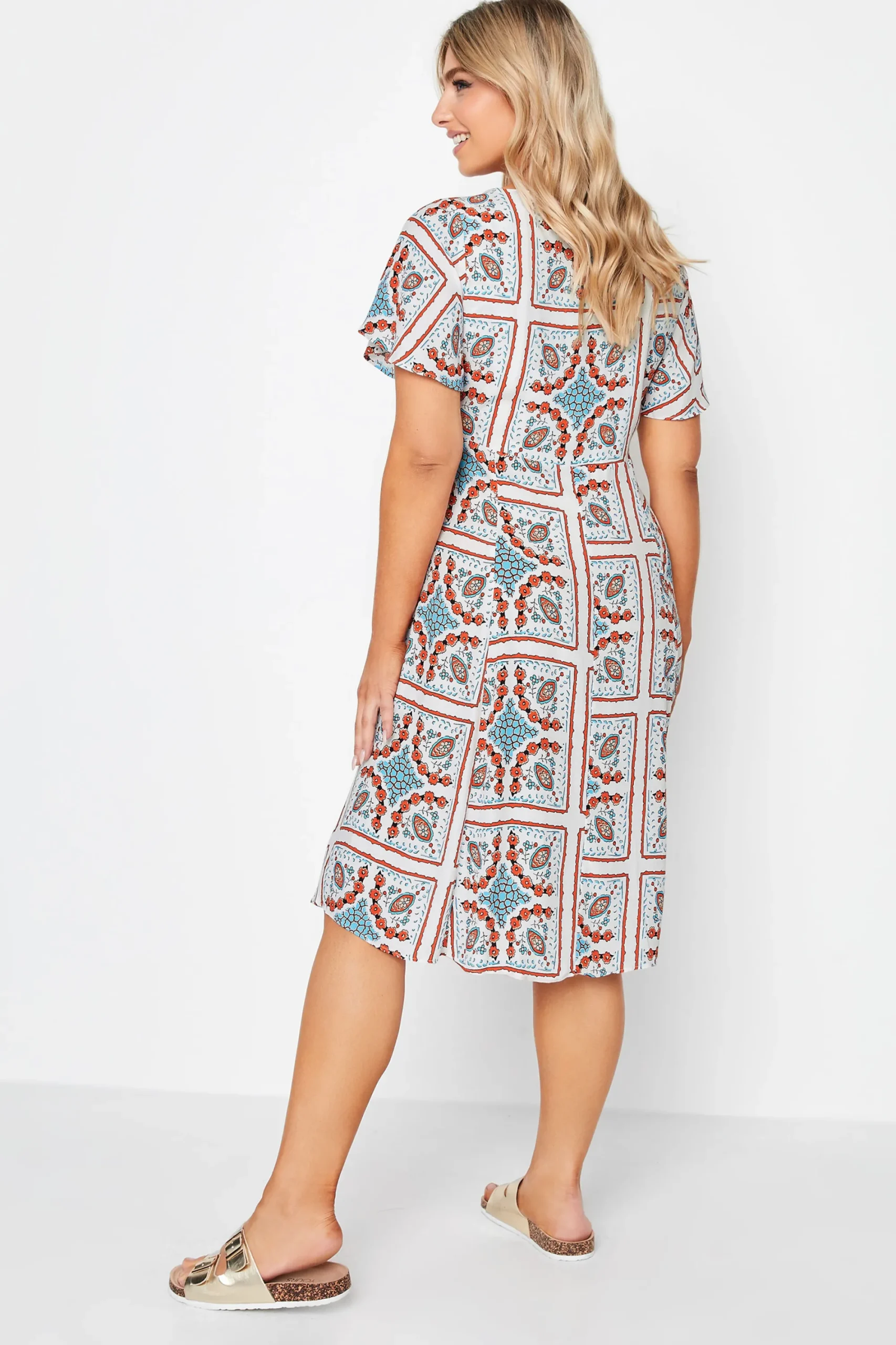 M&Co Womens White Tile Print Button Through Midi Dress>Women Midi Dresses
