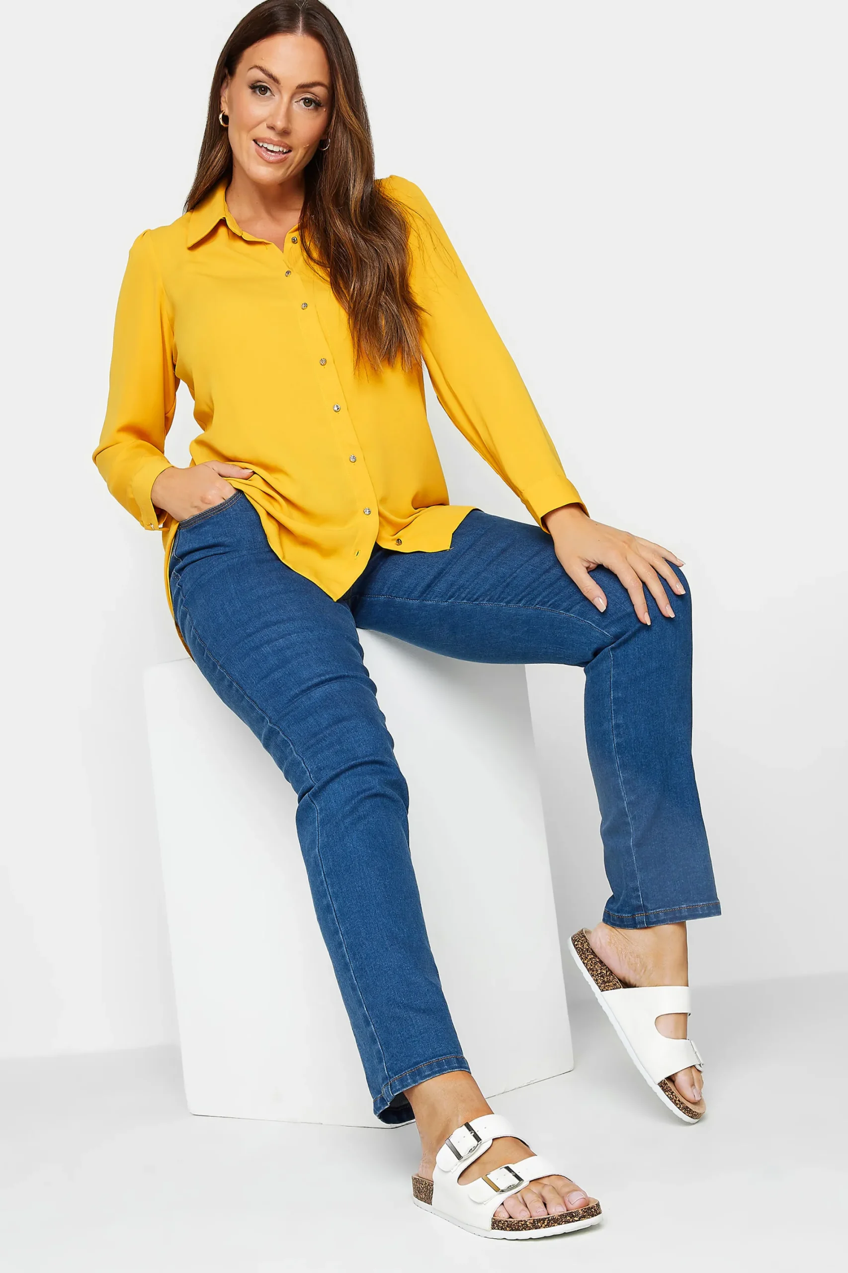 M&Co Womens Yellow Button Through Tunic Shirt>Women Shirts