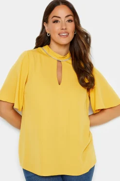 M&Co Womens Yellow Embellished Neck Keyhole Blouse>Women Short Sleeve Tops