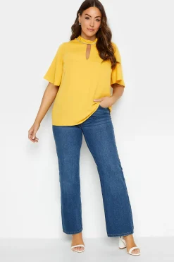 M&Co Womens Yellow Embellished Neck Keyhole Blouse>Women Short Sleeve Tops