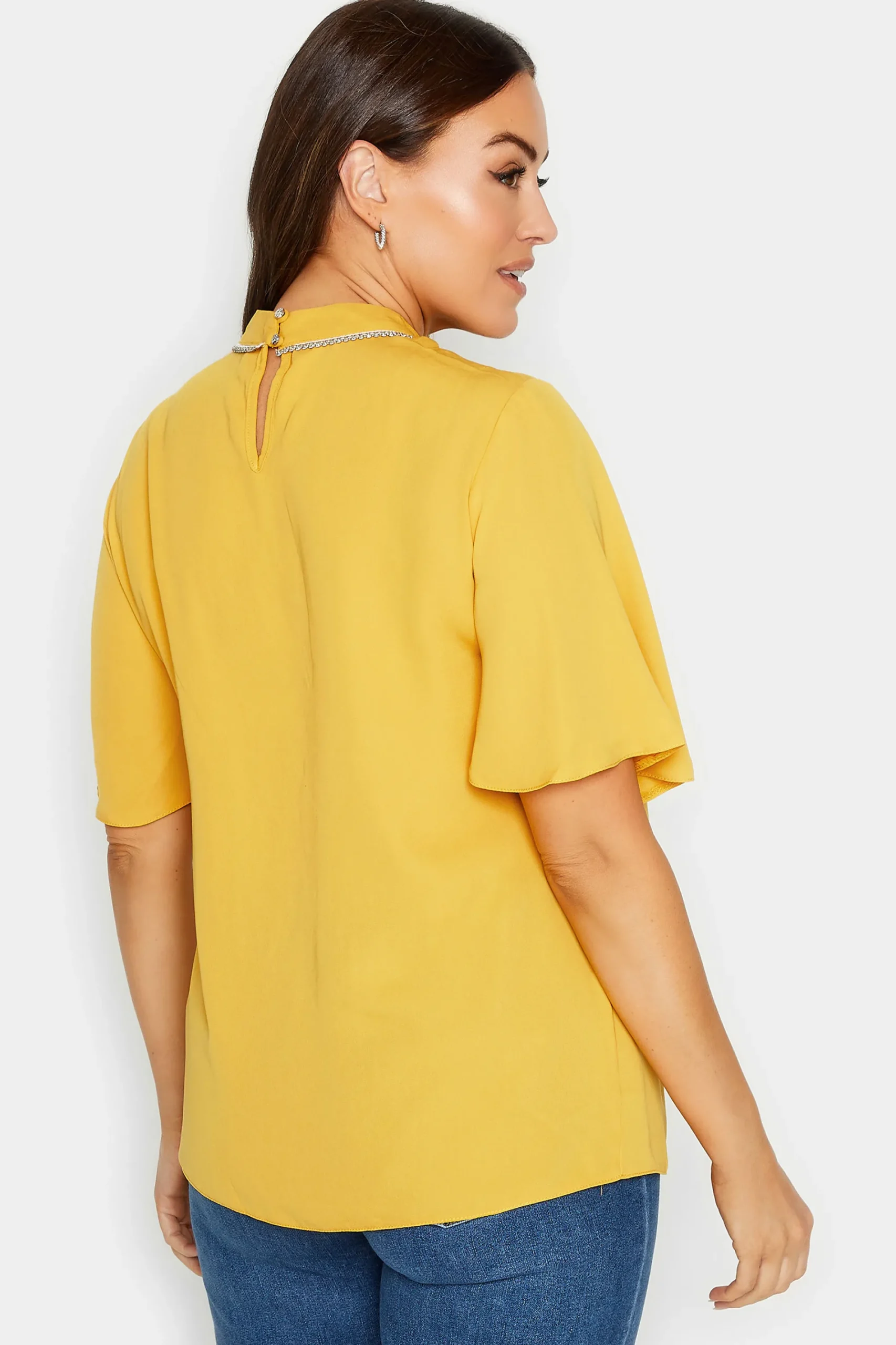 M&Co Womens Yellow Embellished Neck Keyhole Blouse>Women Short Sleeve Tops