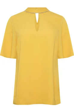 M&Co Womens Yellow Embellished Neck Keyhole Blouse><noscript><img width=