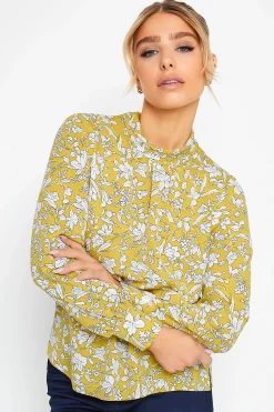 M&Co Womens Yellow Floral Print High Neck Blouse>Women Long Sleeve Tops