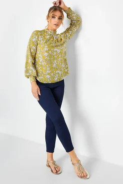 M&Co Womens Yellow Floral Print High Neck Blouse>Women Long Sleeve Tops