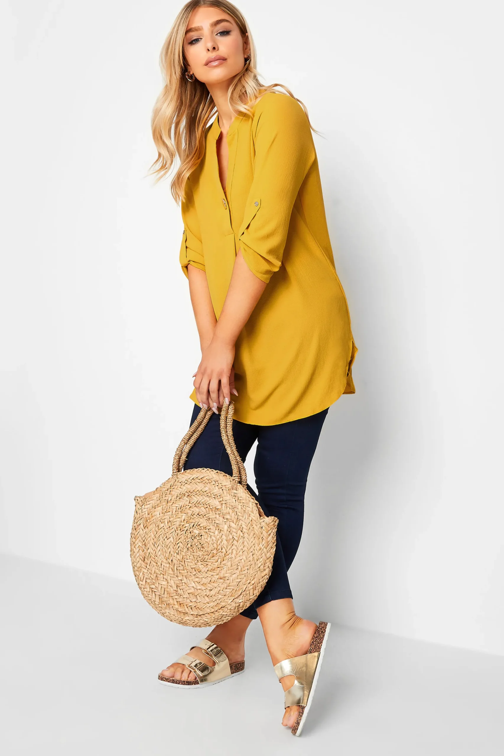 M&Co Womens Yellow Long Sleeve Button Blouse>Women Shirts