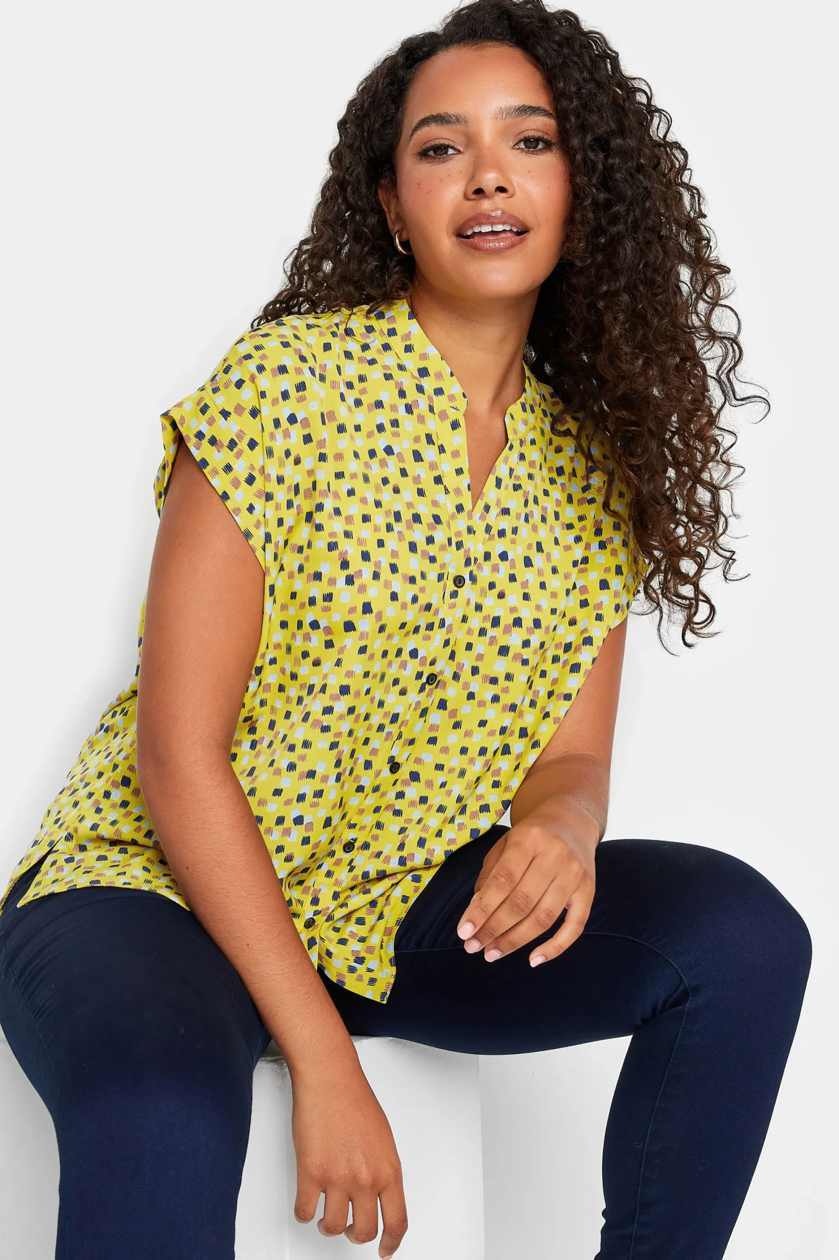 M&Co Womens Yellow Spot Print V-Neck Blouse>Women Short Sleeve Tops