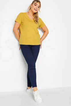M&Co Womens Yellow V-Neck Cotton T-Shirt>Women T-Shirts