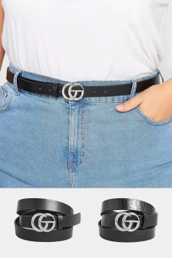 M&Co Yours Yours 2 Pack Black & Croc Print Initial Logo Belts>Women Belts