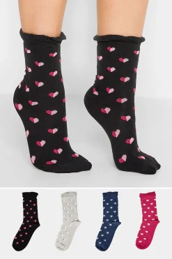 M&Co Yours Yours 4 Pack Black & Pink Heart Print Ankle Socks>Women Socks