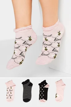M&Co Yours Yours 4 Pack Black & Pink 'Bee Kind' Printed Trainer Liner Socks>Women Socks