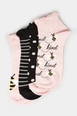 M&Co Yours Yours 4 Pack Black & Pink 'Bee Kind' Printed Trainer Liner Socks><noscript><img width=