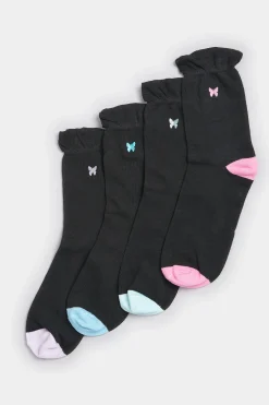 M&Co Yours Yours 4 Pack Black Butterfly Embroidered Ankle Socks><noscript><img width=
