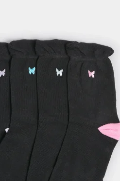 M&Co Yours Yours 4 Pack Black Butterfly Embroidered Ankle Socks><noscript><img width=