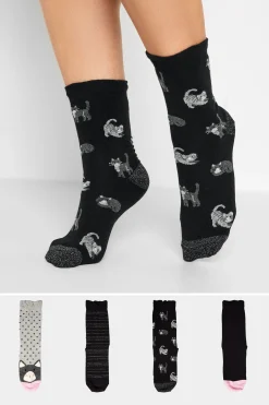 M&Co Yours Yours 4 Pack Black Cat Print Ankle Socks>Women Socks