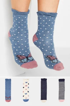 M&Co Yours Yours 4 Pack Blue Butterfly Print Ankle Socks>Women Socks