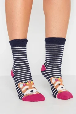 M&Co Yours Yours 4 Pack Navy Blue Animal Print Stripe Ankle Socks>Women Socks