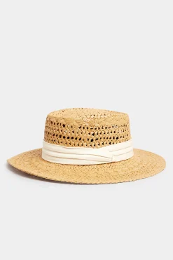 M&Co Yours Yours Beige Brown & White Straw Boater Hat>Women Hats