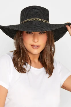 M&Co Yours Yours Black Chain Straw Wide Brim Boater Hat>Women Hats