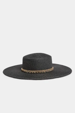M&Co Yours Yours Black Chain Straw Wide Brim Boater Hat>Women Hats