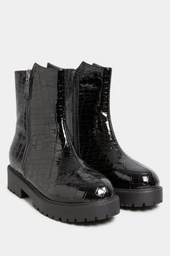 M&Co Yours Yours Black Croc Patent Side Zip Boots In Extra Wide Eee Fit>Women Boots