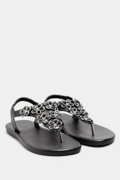 M&Co Yours Yours Black Diamante Flower Sandals In Wide E Fit & Extra Wide Eee Fit>Women Flat Shoes