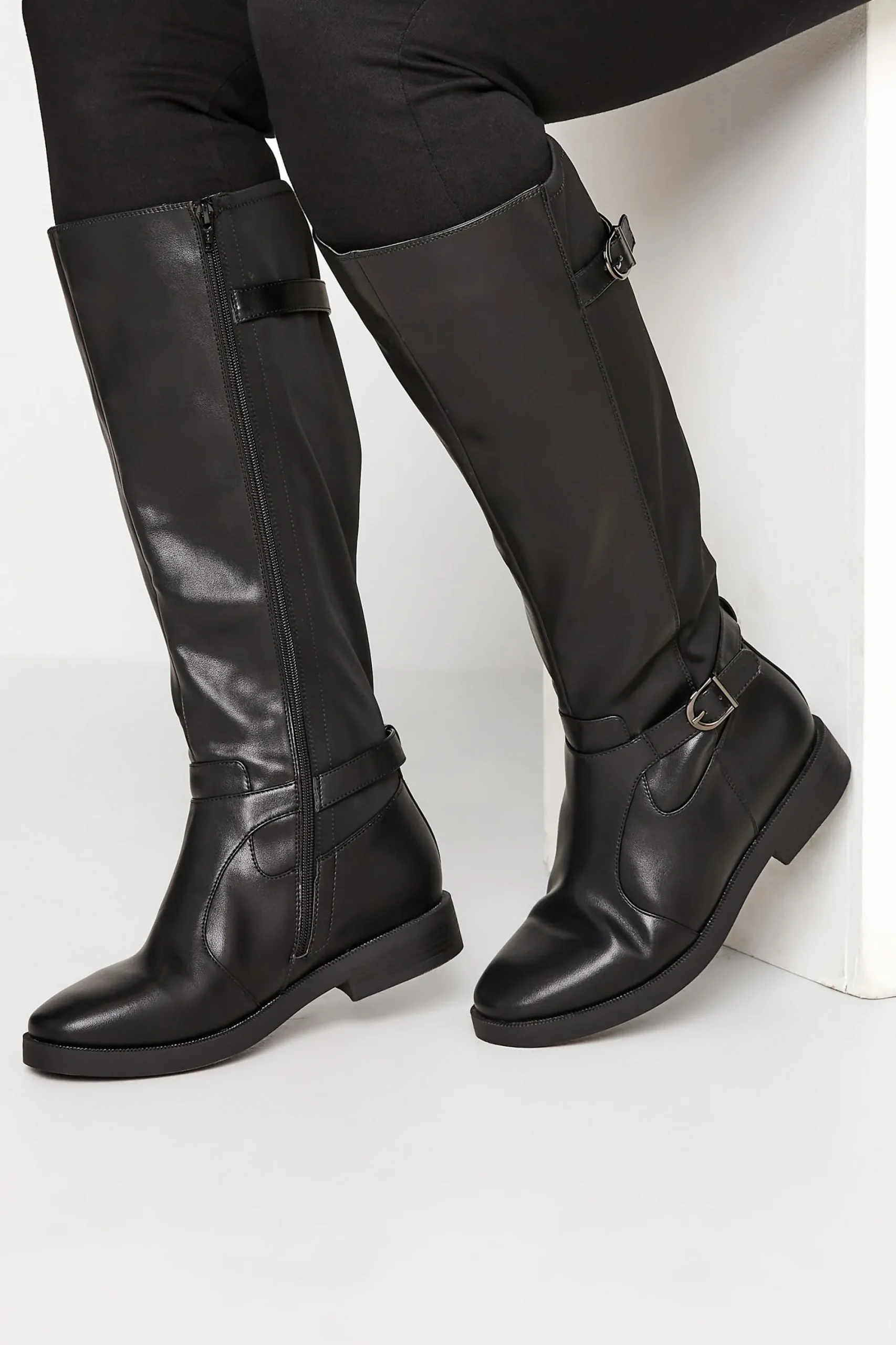 M&Co Yours Yours Black Double Strap Knee High Boots In Wide E Fit & Extra Wide Eee Fit>Women Flat Shoes