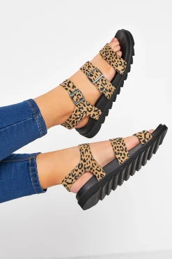 M&Co Yours Yours Black Leopard Print Buckle Sandals In Extra Wide Eee Fit>Women Flat Shoes