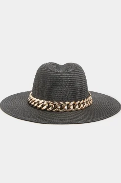 M&Co Yours Yours Black Straw Chain Fedora Hat>Women Hats