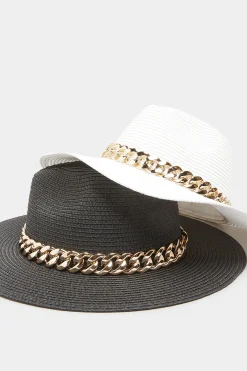 M&Co Yours Yours Black Straw Chain Fedora Hat><noscript><img width=