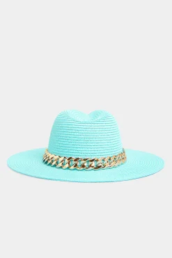M&Co Yours Yours Bright Blue Straw Chain Fedora Hat>Women Hats