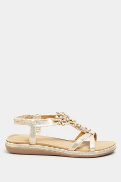 M&Co Yours Yours Gold Glitter Floral Diamante Studded Sandals In Wide E Fit & Extra Wide Eee Fit><noscript><img width=