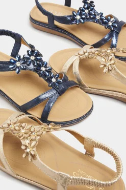 M&Co Yours Yours Gold Glitter Floral Diamante Studded Sandals In Wide E Fit & Extra Wide Eee Fit><noscript><img width=