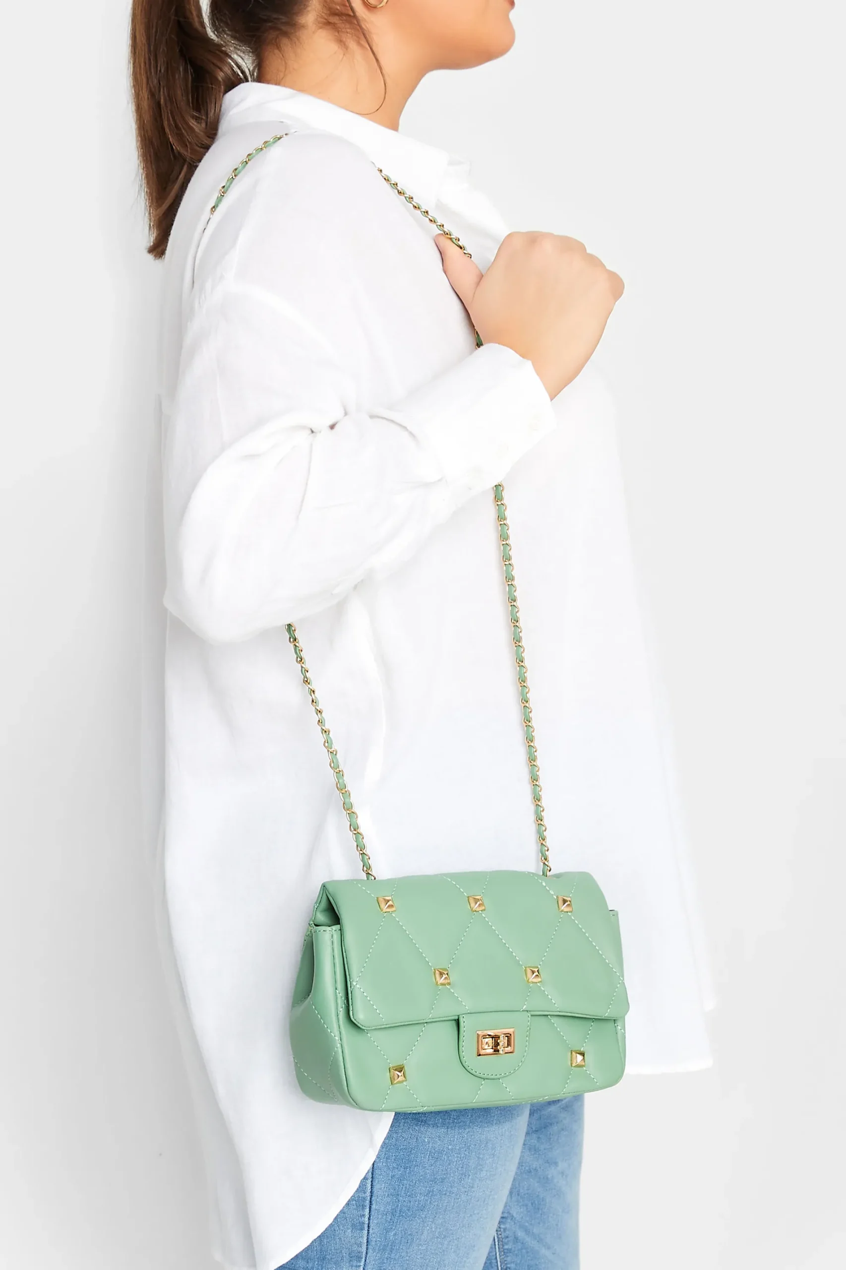 M&Co Yours Yours Green Studded Quilted Chain Bag>Women Bags