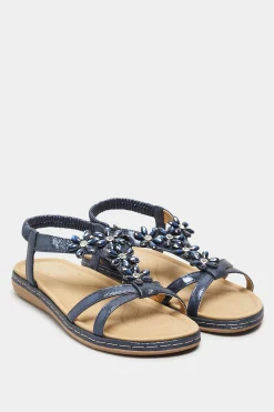 M&Co Yours Yours Navy Blue Glitter Floral Diamante Studded Sandals In Wide E Fit & Extra Wide Eee Fit>Women Flat Shoes