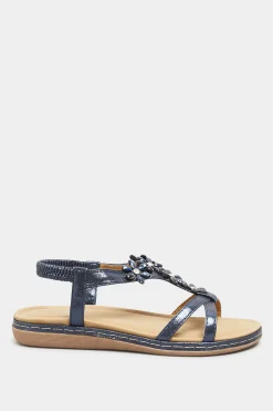 M&Co Yours Yours Navy Blue Glitter Floral Diamante Studded Sandals In Wide E Fit & Extra Wide Eee Fit><noscript><img width=