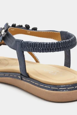 M&Co Yours Yours Navy Blue Glitter Floral Diamante Studded Sandals In Wide E Fit & Extra Wide Eee Fit><noscript><img width=