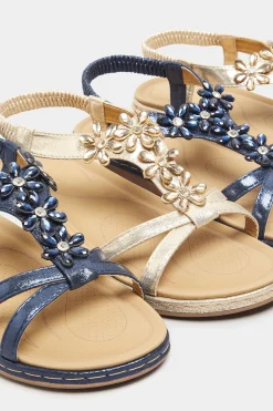 M&Co Yours Yours Navy Blue Glitter Floral Diamante Studded Sandals In Wide E Fit & Extra Wide Eee Fit><noscript><img width=