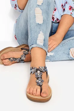 M&Co Yours Yours Navy Shimmer Diamante Flower Sandals In Wide E Fit & Extra Wide Eee Fit>Women Flat Shoes