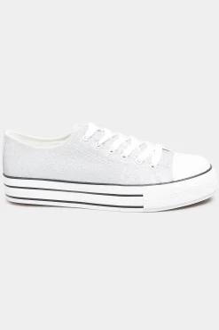 M&Co Yours Yours Silver Canvas Glitter Platform Trainers In Wide E Fit><noscript><img width=